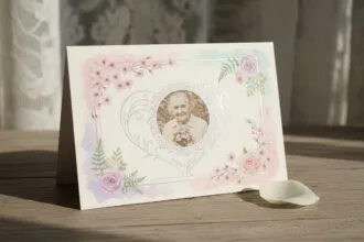 Carte de remerciement personnalisée avec des fleurs et une photo en mémoire