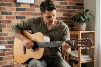 Guitariste adulte travaillant un accord barré sur une guitare classique acoustique dans un salon chaleureux, doigts bien positionnés sur le manche