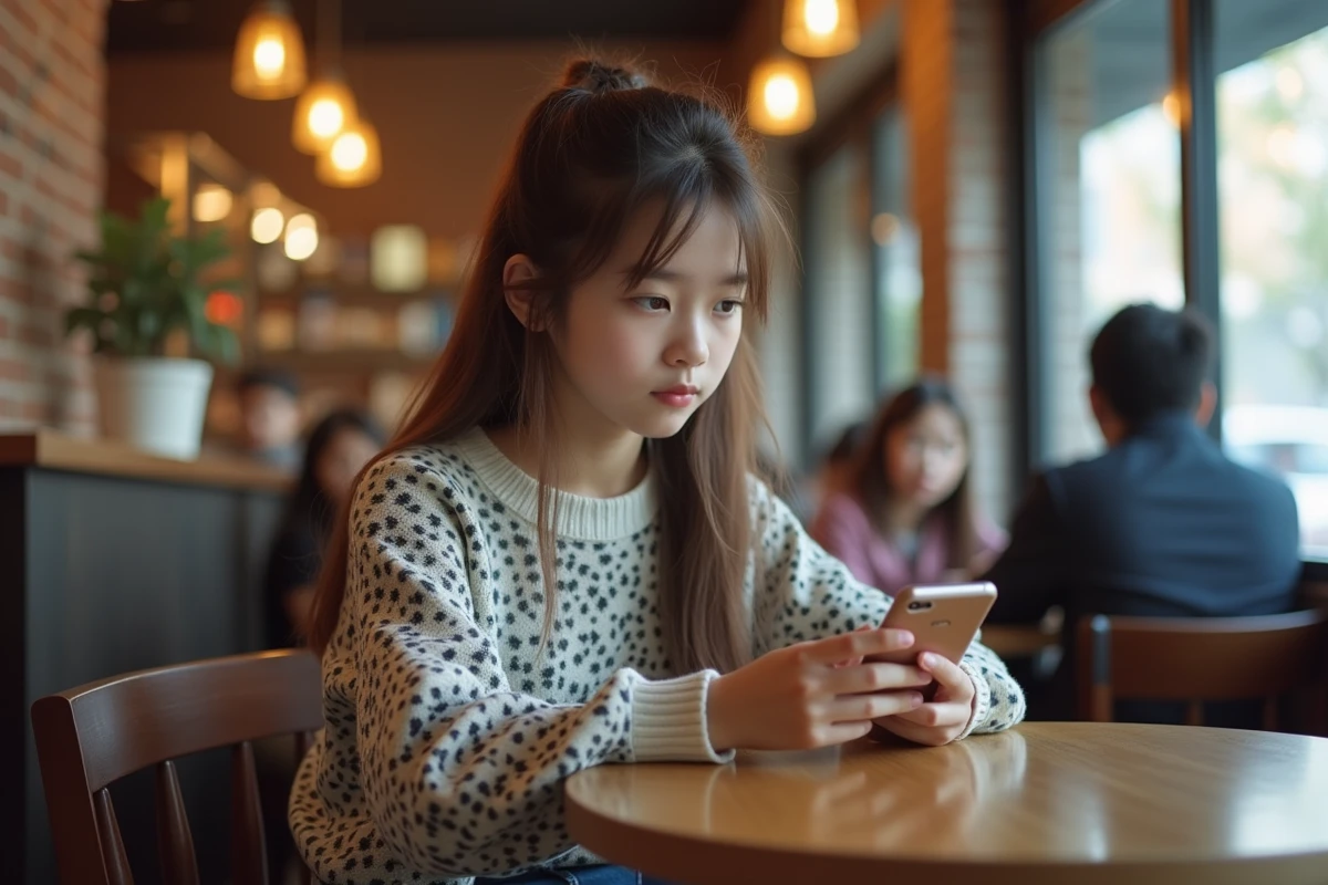 Adolescente dans un café regardant des scans de manga