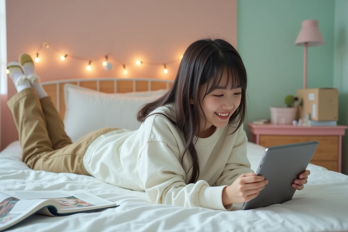 Adolescente lisant des scans manga sur une tablette allongée sur son lit dans une chambre décorée de guirlandes lumineuses