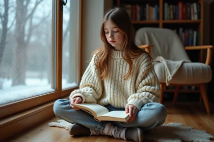 Adolescente récitant un poème d'hiver assis près d'une fenêtre givrée avec un livre de poésie annoté