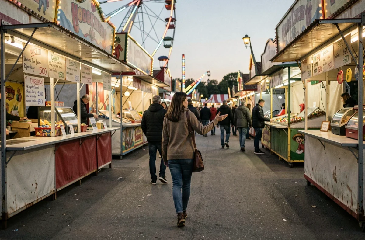 Allée de fête foraine au crépuscule avec une jeune femme foraine marchant entre les attractions, image documentaire sur la vie des forains en France