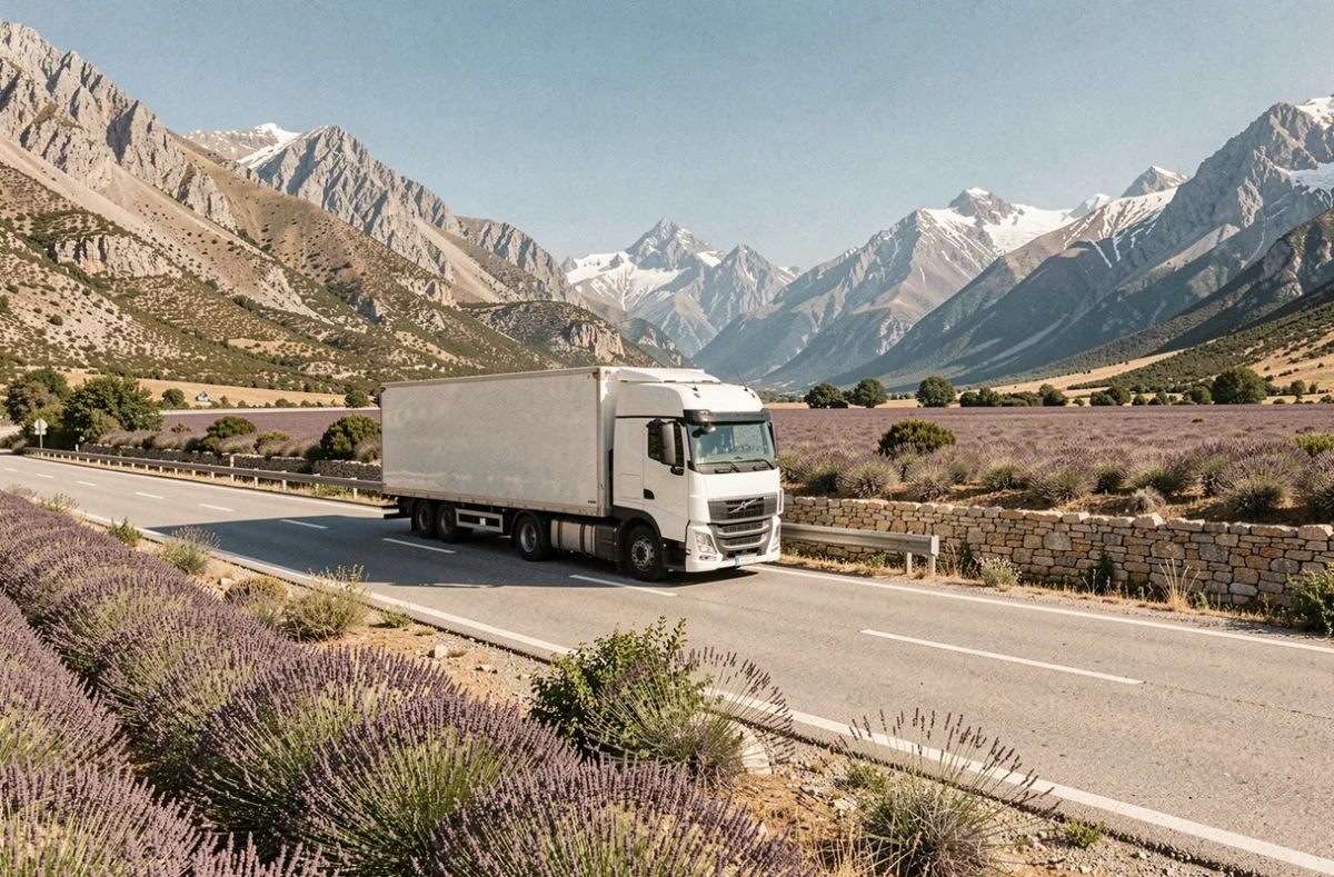 Camion d'Alpes Provence Déménagements roulant sur une route entre les Hautes-Alpes et la Provence avec des champs de lavande