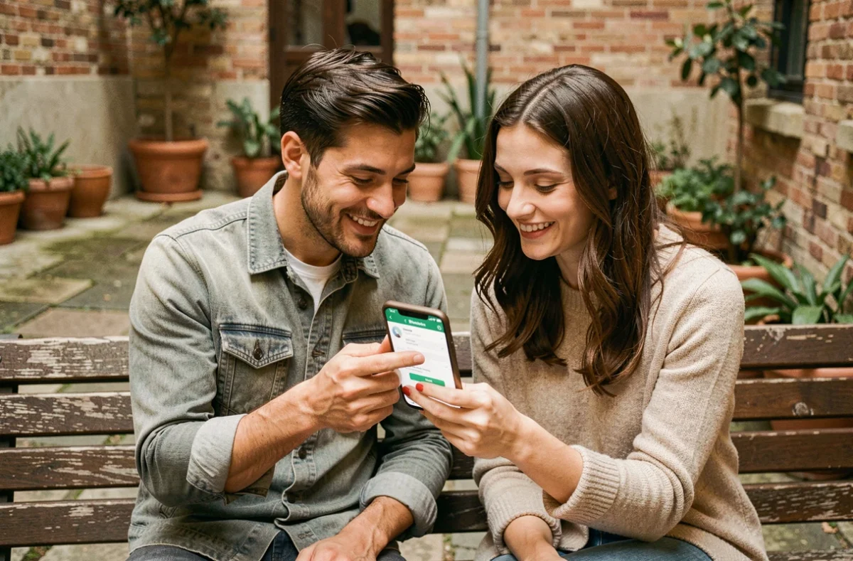 Deux amis consultant les réglages de photo de profil WhatsApp sur iPhone en extérieur