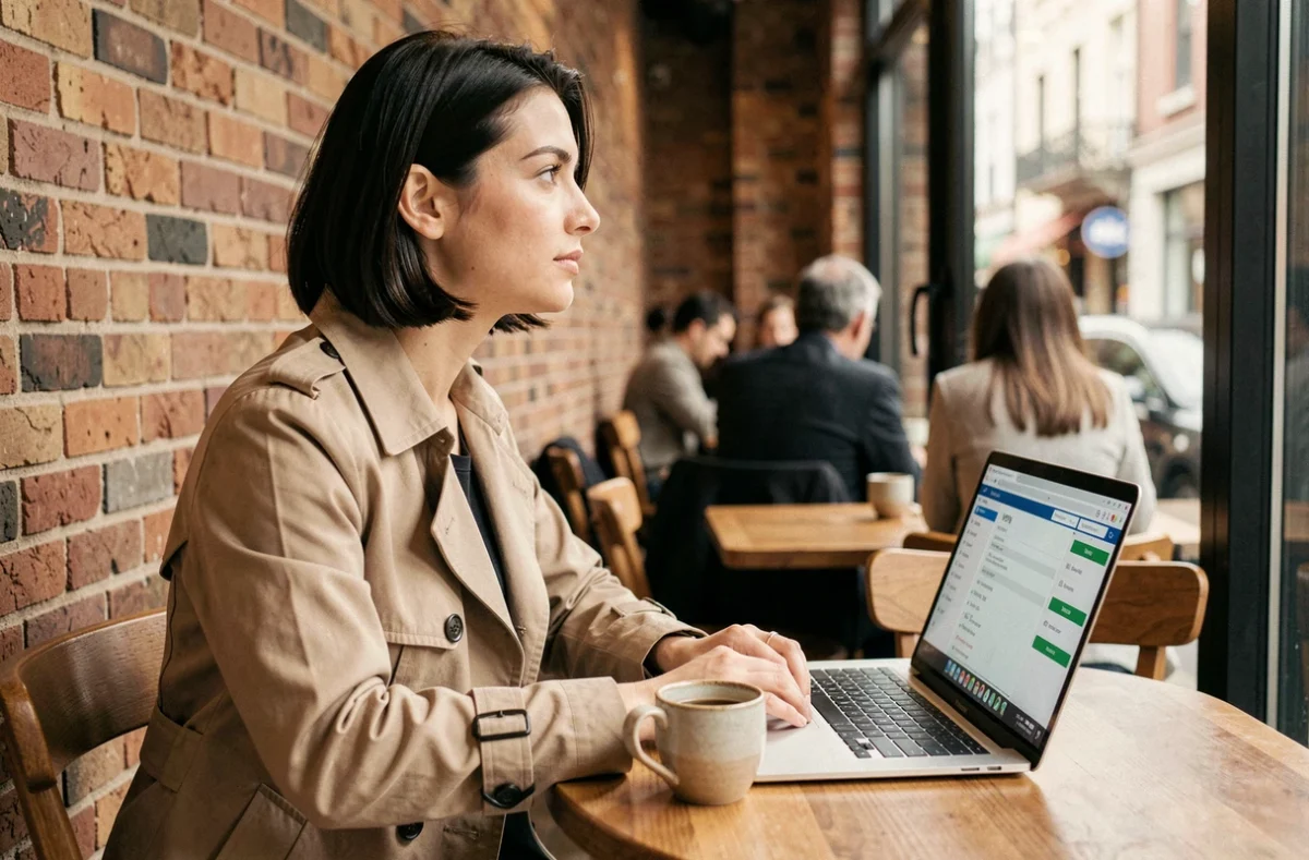 Une femme utilisant un VPN dans un café pour protéger son anonymat et sa sécurité en ligne