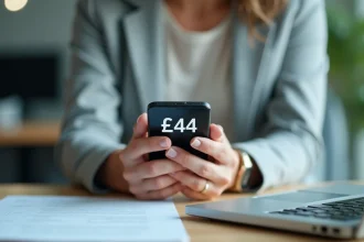 Femme professionnelle regardant un appel entrant avec l'indicatif +44 du Royaume-Uni sur son smartphone