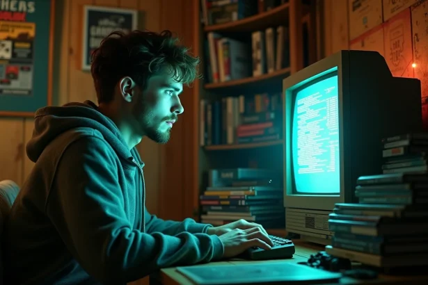 Jeune homme nostalgique consultant une archive de forum de jeux vidéo sur un vieux moniteur CRT entouré de jeux rétro
