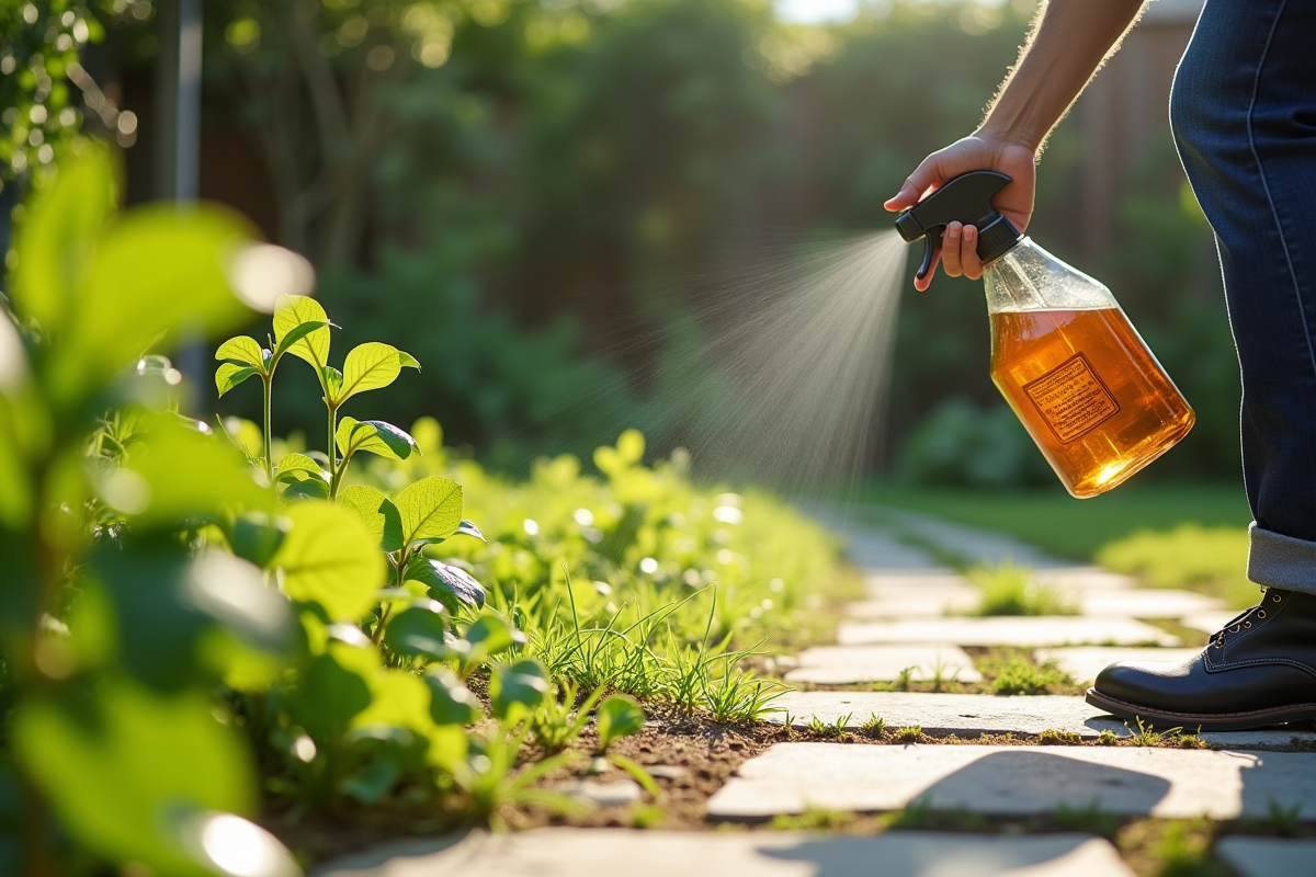 Personne pulvérisant un désherbant maison sur des mauvaises herbes dans le jardin