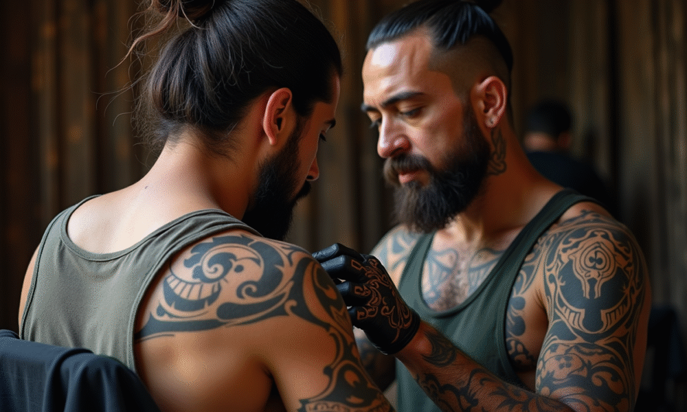 Artiste Maori appliquant un moko traditionnel sur l'épaule