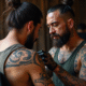 Artiste Maori appliquant un moko traditionnel sur l'épaule