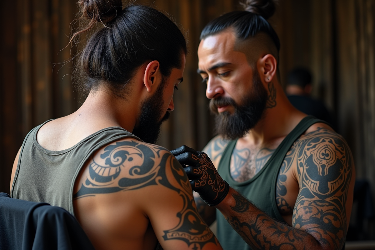 Artiste Maori appliquant un moko traditionnel sur l'épaule