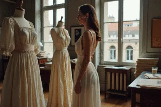 Femme en couture dans un atelier parisien élégant