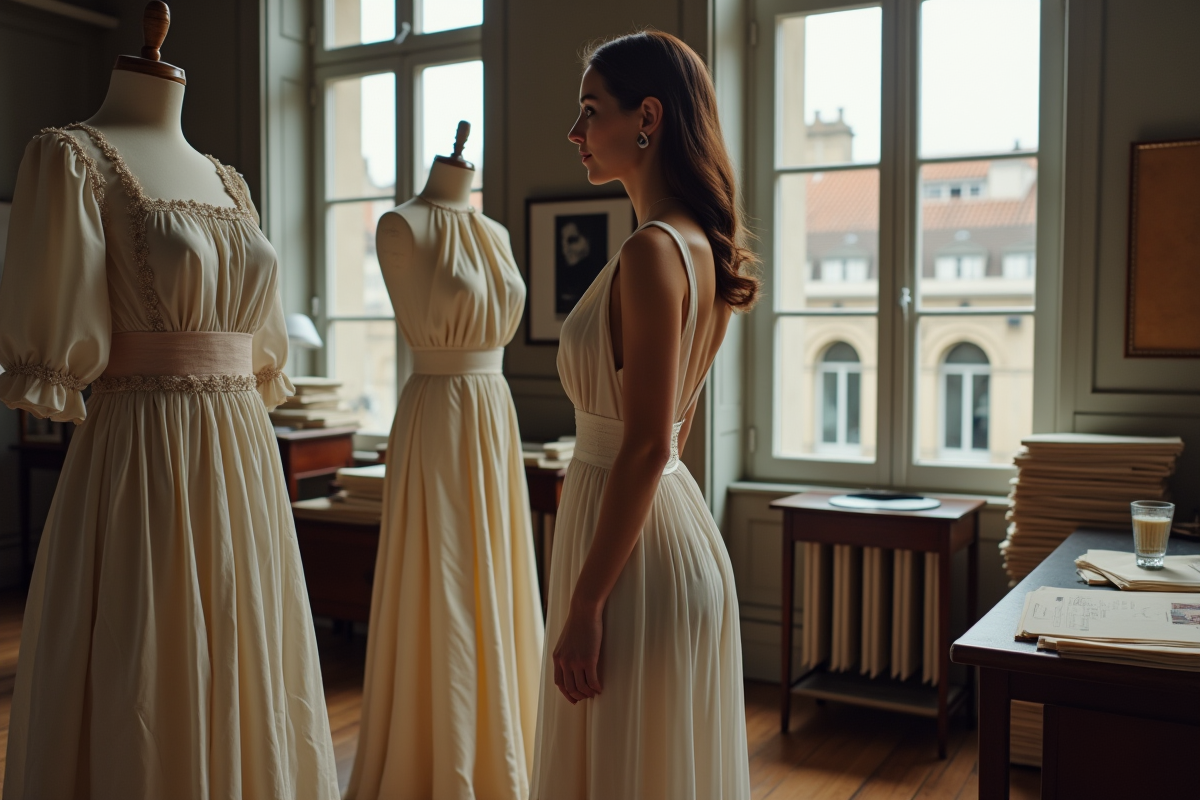 Femme en couture dans un atelier parisien élégant