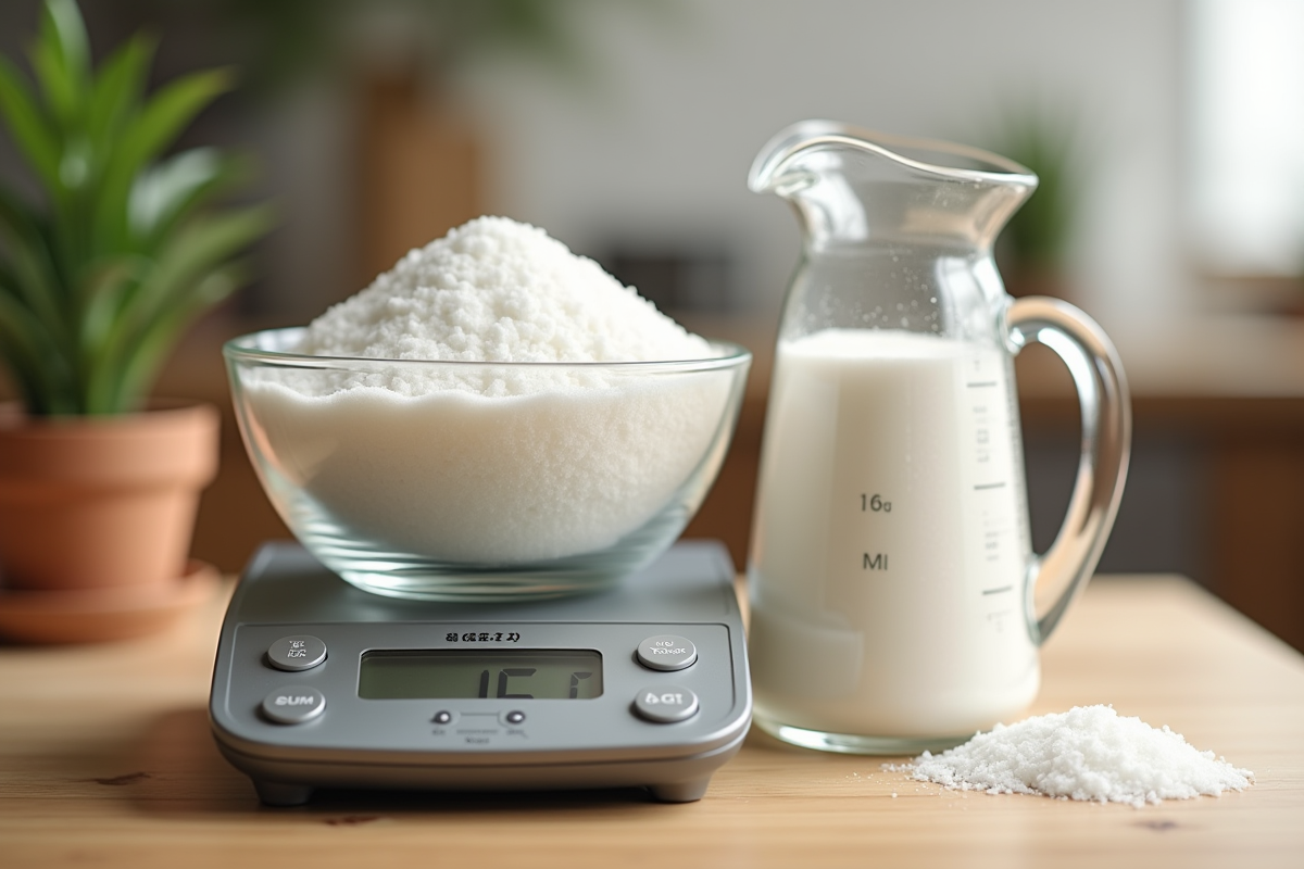 Balance de cuisine pesant 150g de sucre blanc sur plan en bois