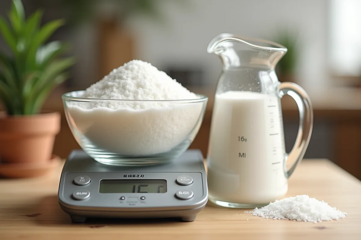 Balance de cuisine pesant 150g de sucre blanc sur plan en bois
