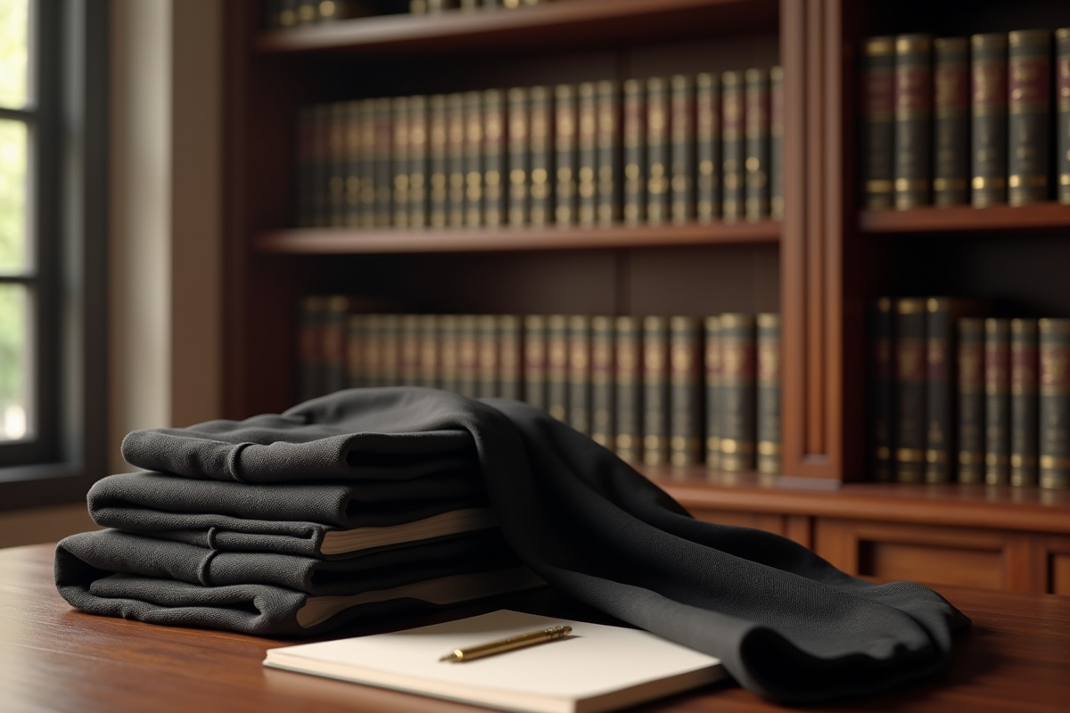 Bibliotheque de livres de droit avec robe noire et notes juridiques