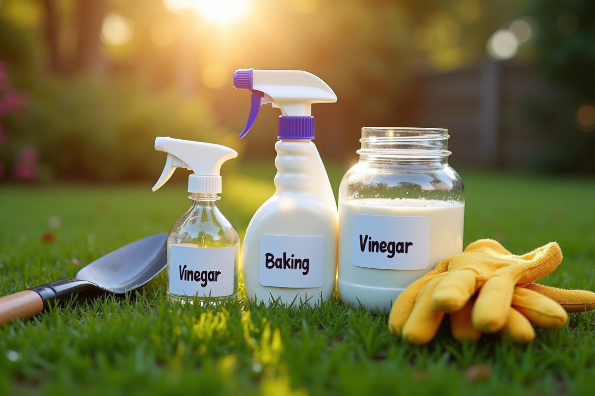 Bocaux de bicarbonate et vinaigre avec outils de jardinage