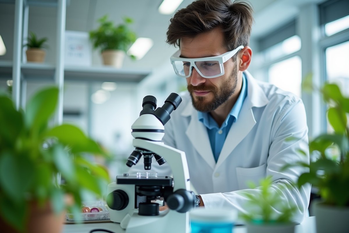 Biologiste examinant des plantes sous un microscope dans un laboratoire