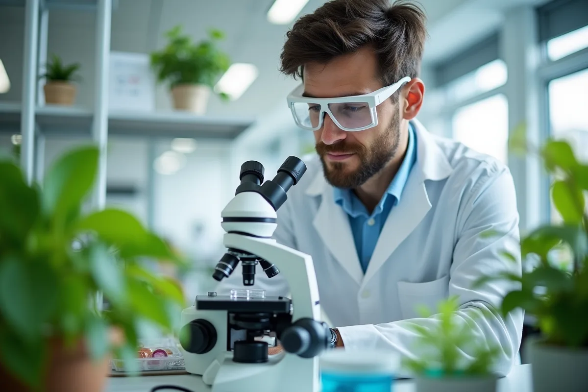Biologiste examinant des plantes sous un microscope dans un laboratoire
