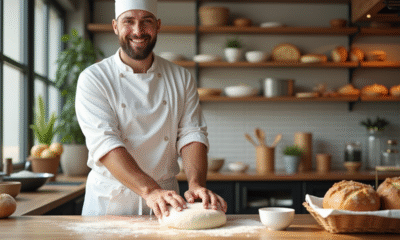 Boulanger souriant pétrissant la pâte dans une boulangerie lumineuse