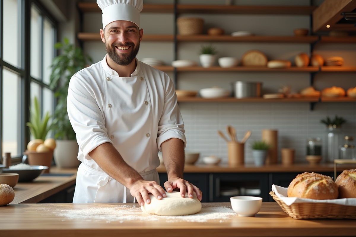 Boulanger souriant pétrissant la pâte dans une boulangerie lumineuse