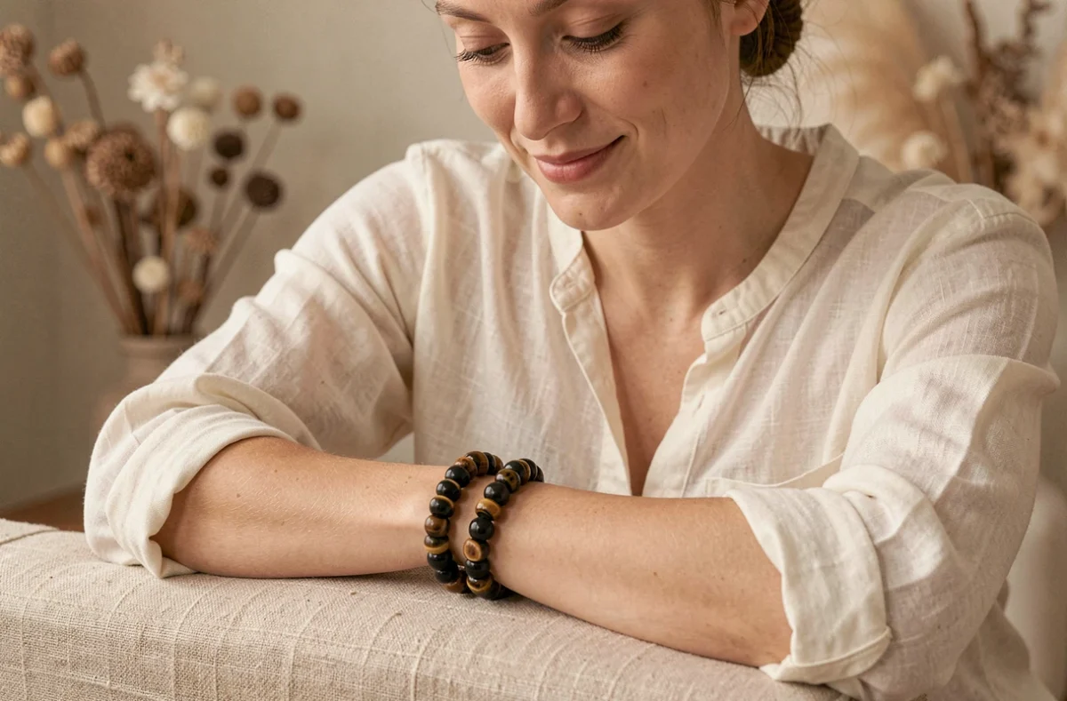 Femme portant un bracelet en perles d'œil de tigre sur le poignet dans un cadre zen et naturel