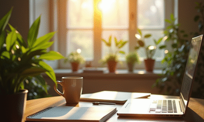 Bureau moderne lumineux avec plantes et ordinateur pour travail