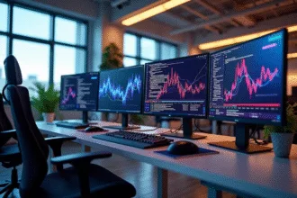 Espace de travail moderne avec écrans affichant des graphiques AI