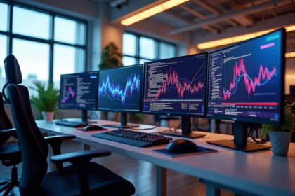 Espace de travail moderne avec écrans affichant des graphiques AI