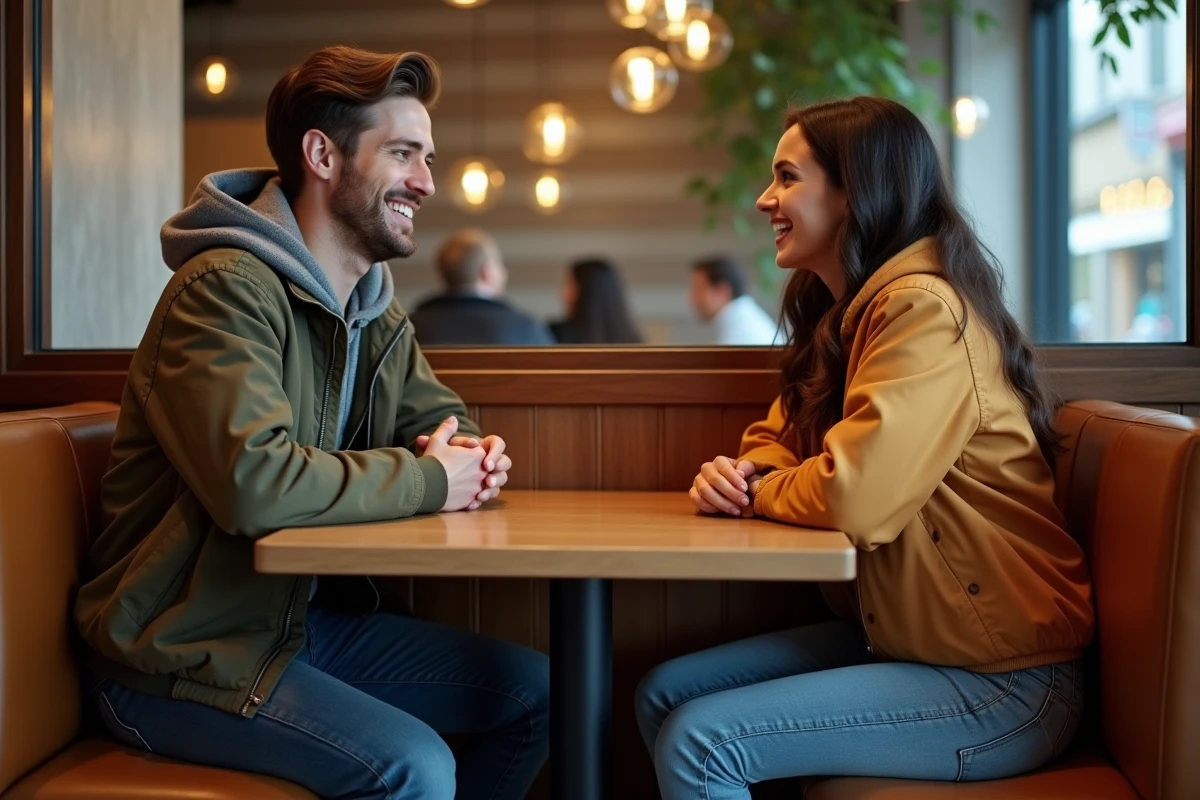 Jeune couple discutant dans un café chaleureux