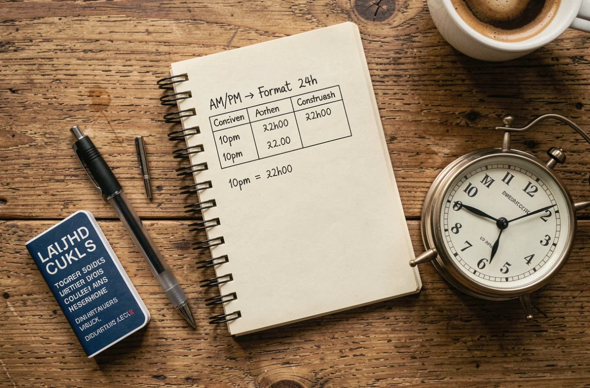 Vue de dessus d'un cahier d'apprentissage des langues avec tableau de conversion AM PM en format 24 heures et exemples de traduction de l'heure anglaise en français