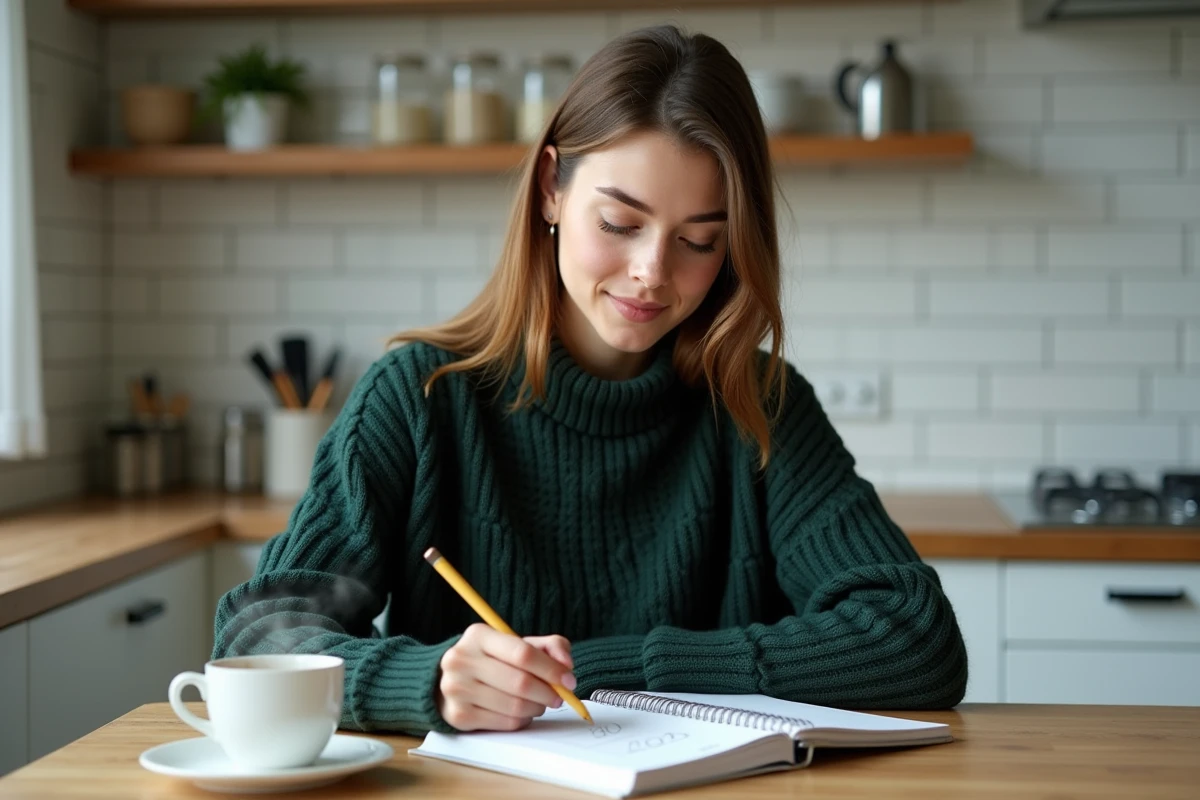 Jeune femme notant un calcul de nombre de jours dans un agenda posé sur un comptoir de cuisine