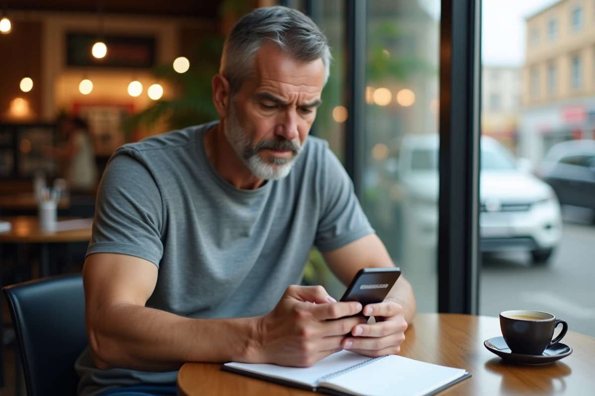 Homme calculant un intervalle de jours sur smartphone dans un café avec notebook ouvert