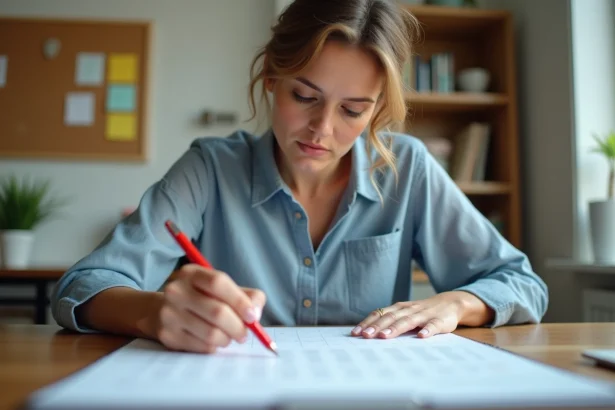 Femme calculant le nombre de jours entre deux dates sur un calendrier papier à son bureau