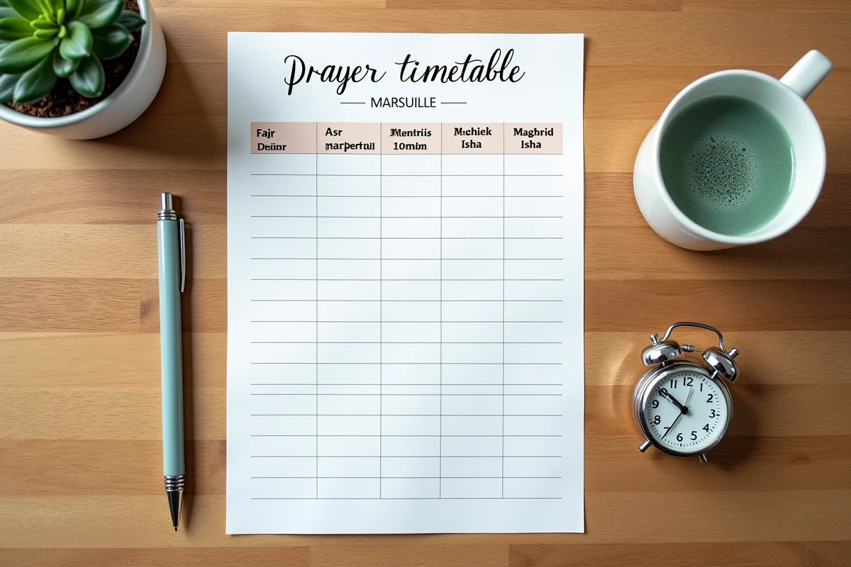Calendrier mensuel des horaires de prière à Marseille imprimé sur un bureau en bois avec stylo et montre