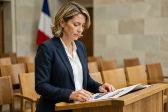 Candidate municipale relisant sa profession de foi à la tribune d'une salle de conseil communal