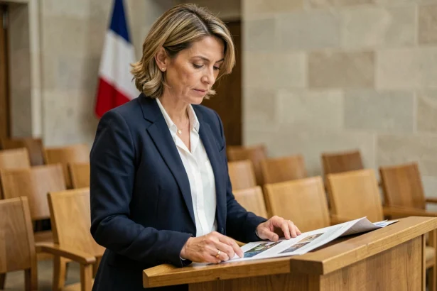 Candidate municipale relisant sa profession de foi à la tribune d'une salle de conseil communal