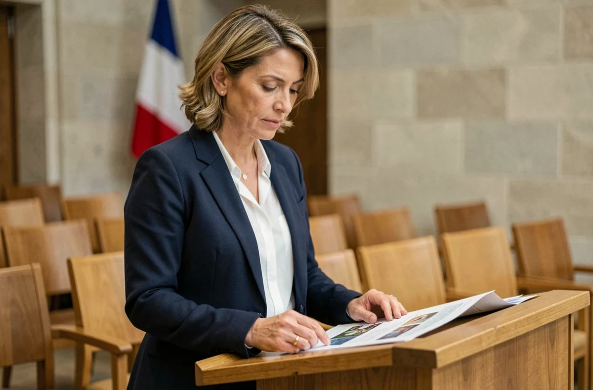 Candidate municipale relisant sa profession de foi à la tribune d'une salle de conseil communal