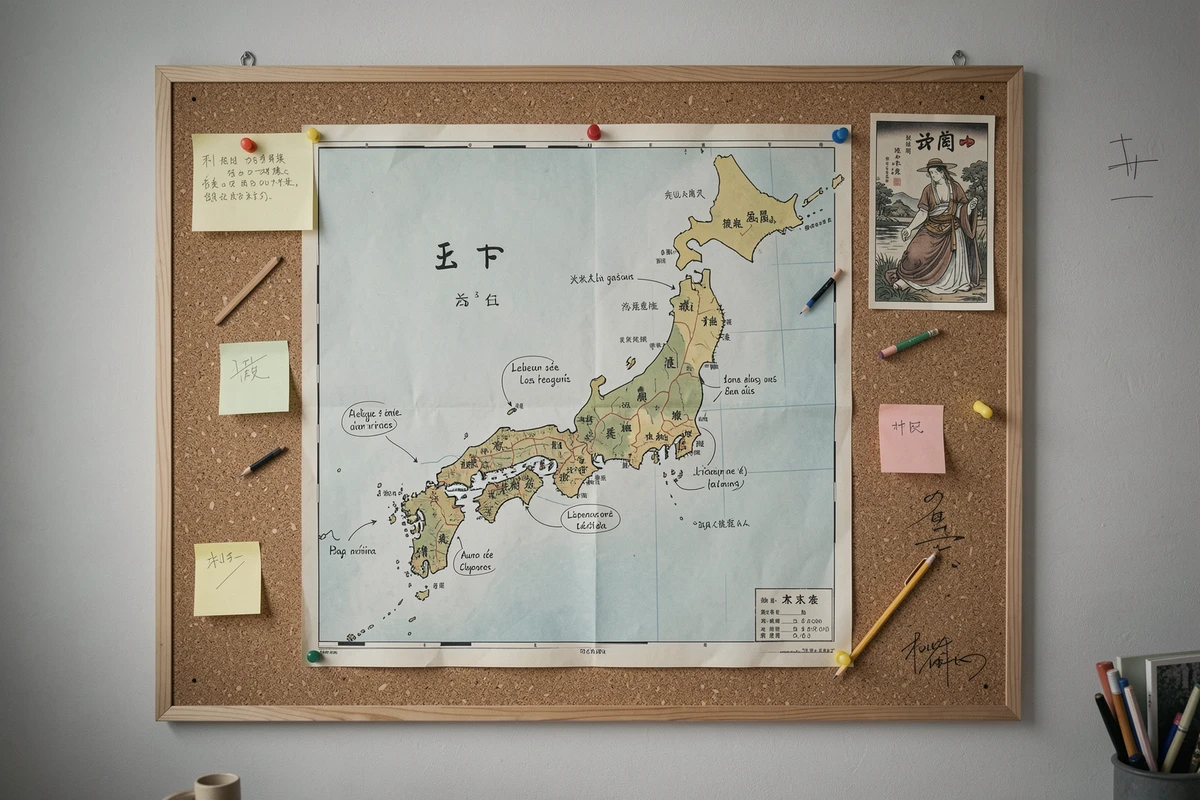 Carte annotée du Japon avec noms de baies encerclés pour aide aux mots croisés
