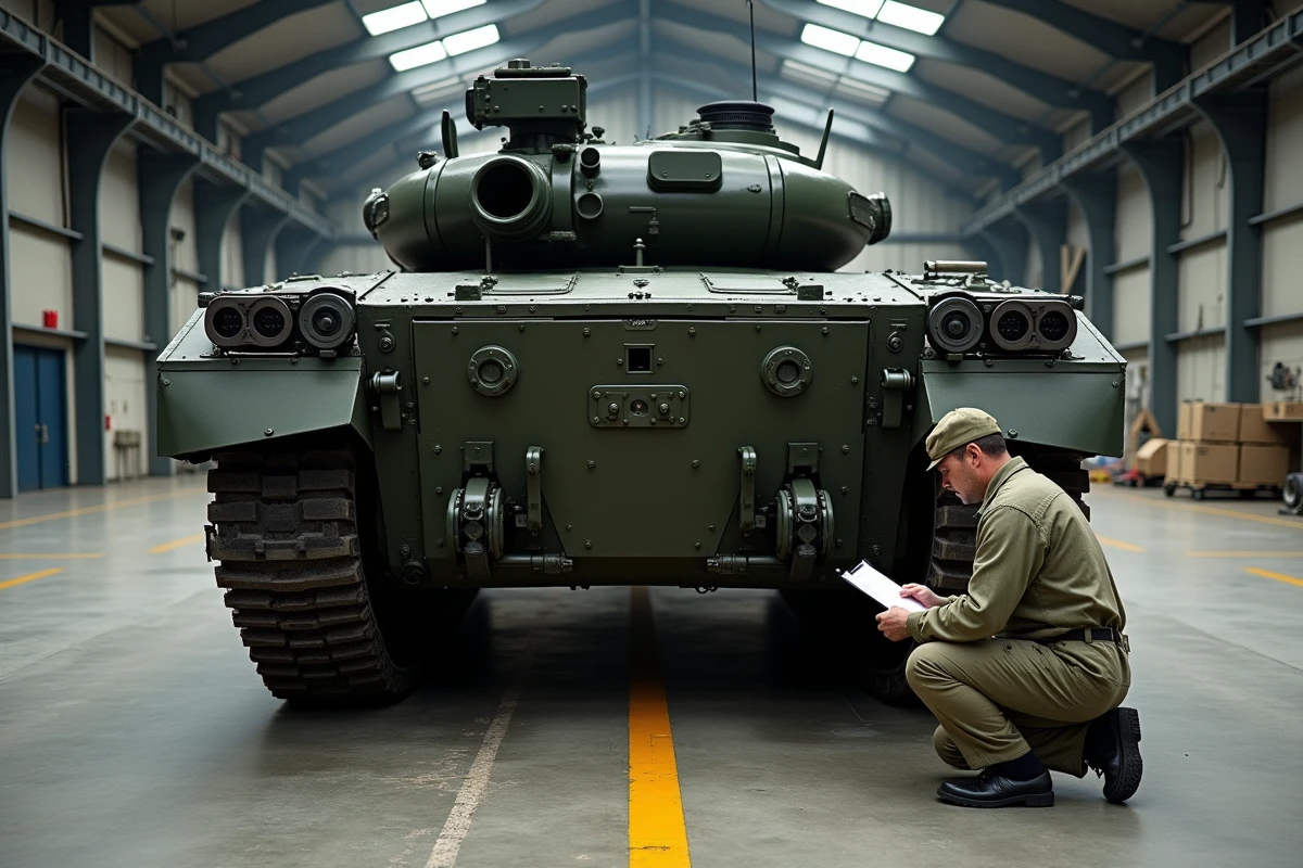 Technicien militaire inspectant l'arrière d'un char Leclerc dans un hangar militaire, détail des plaques de blindage et des bogies de suspension