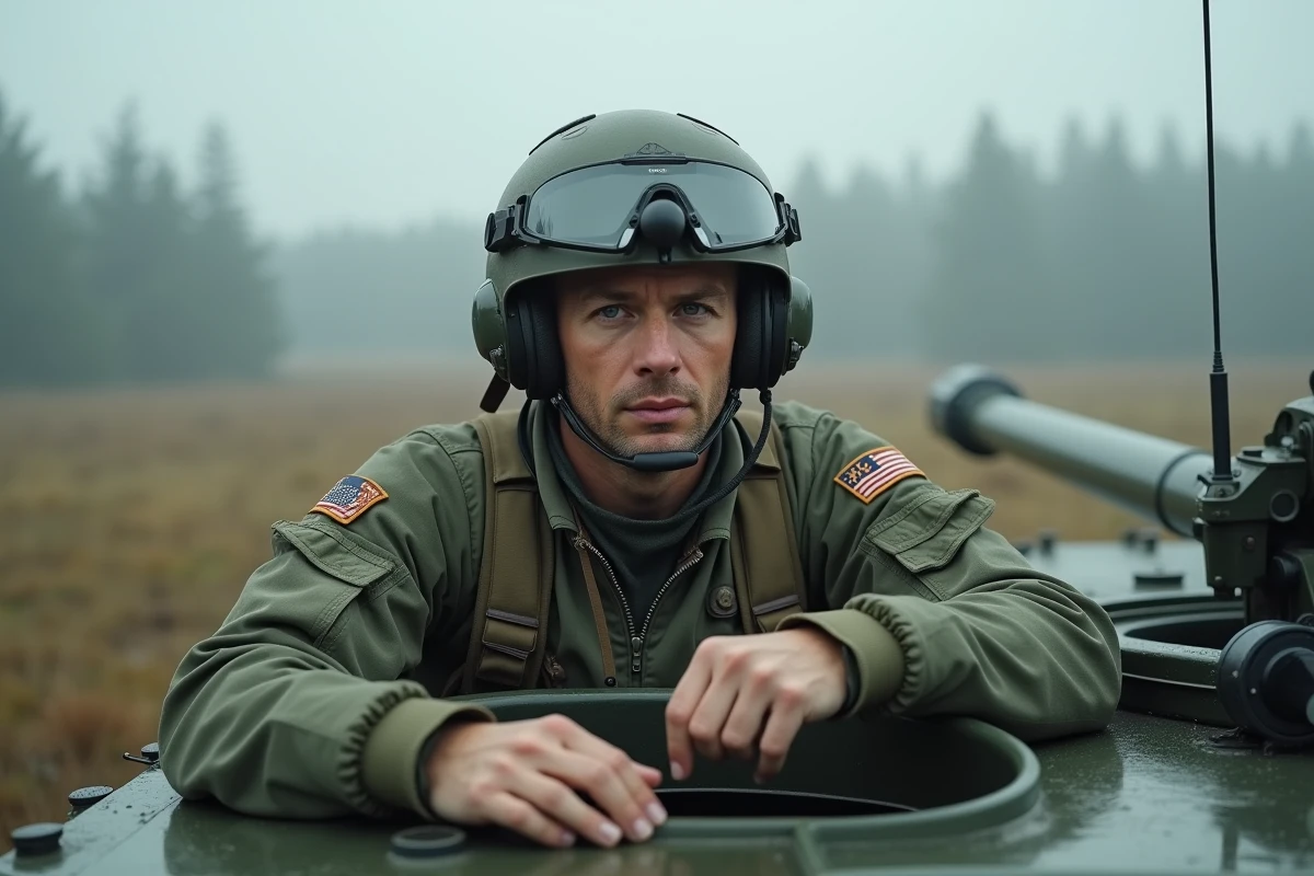 Chef de char Leclerc en combinaison de vol et casque, debout dans l'écoutille de tourelle lors d'un exercice militaire en forêt