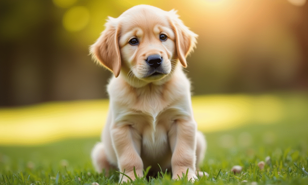 Chiot golden retriever assis dans l'herbe en plein jour