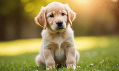 Chiot golden retriever assis dans l'herbe en plein jour