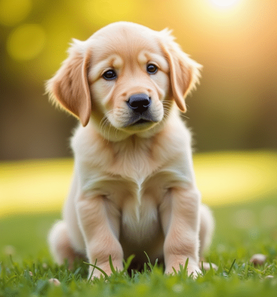 Chiot golden retriever assis dans l'herbe en plein jour