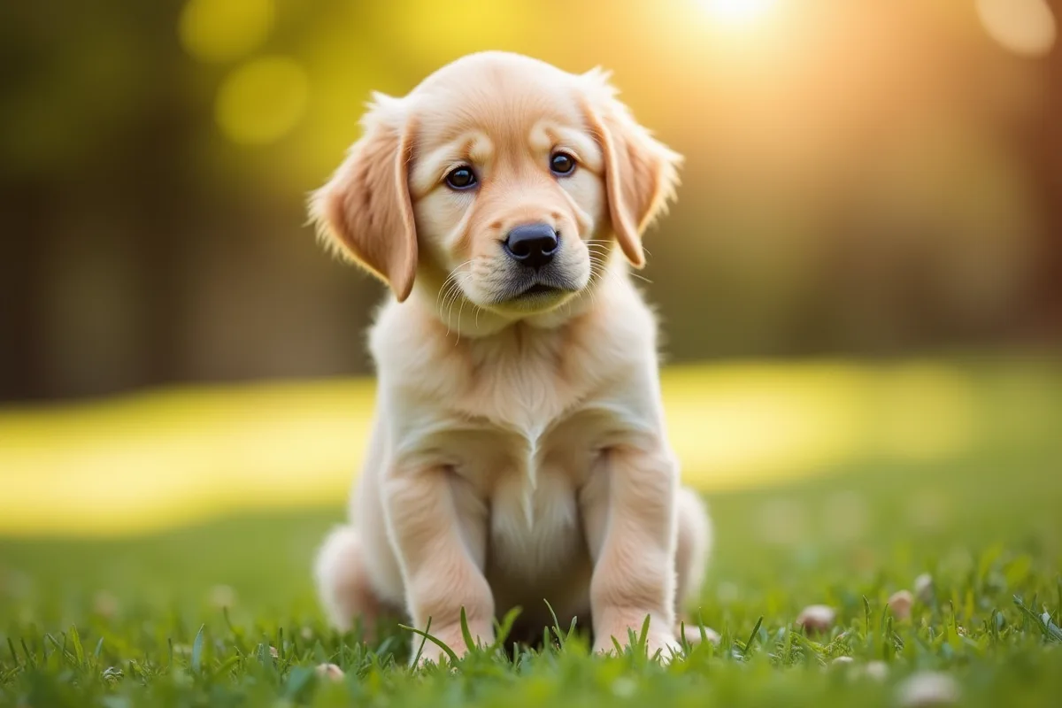Chiot golden retriever assis dans l'herbe en plein jour