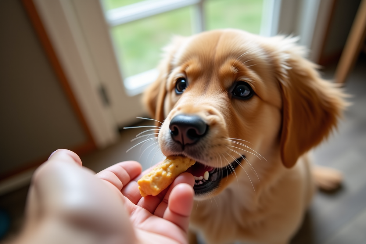 Chiot golden retriever recevant une friandise de la main