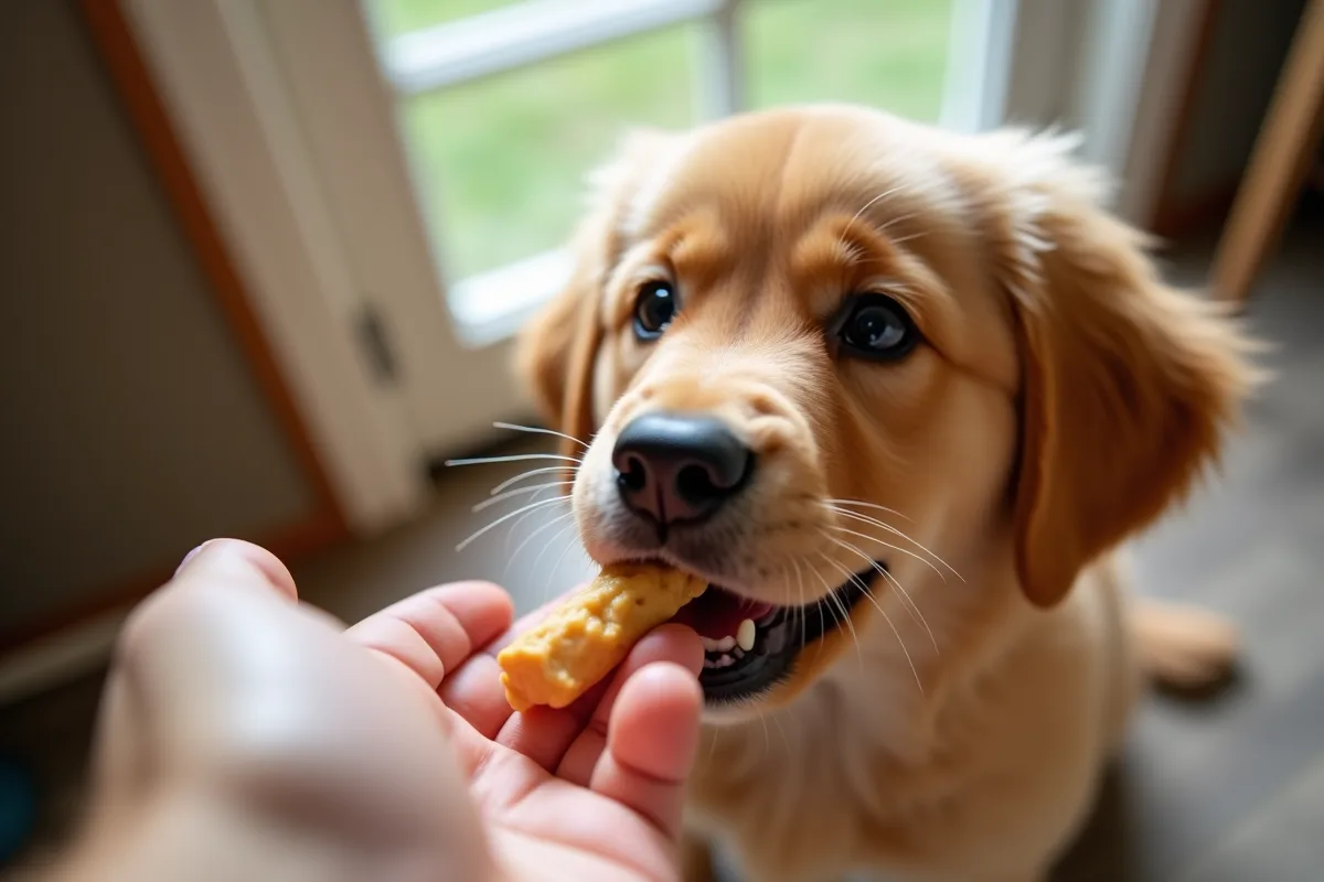 Chiot golden retriever recevant une friandise de la main