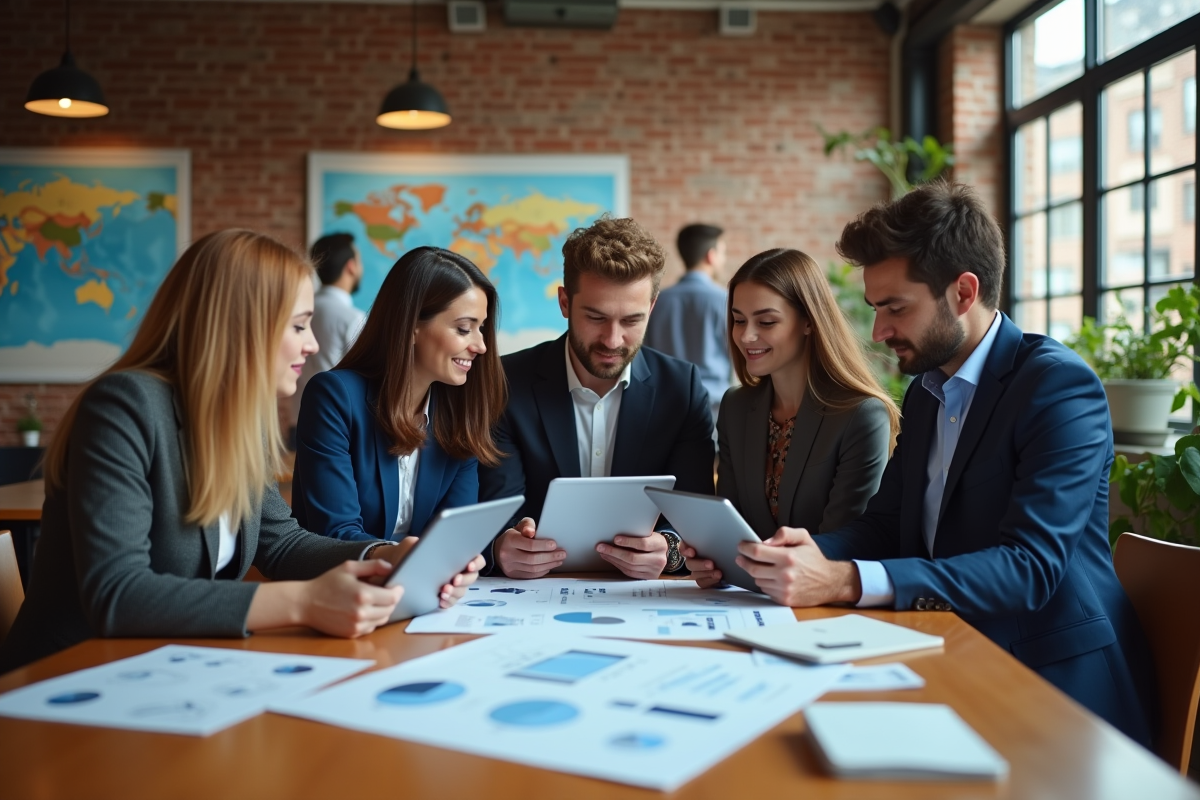 Groupe de jeunes professionnels collaborant avec tablettes
