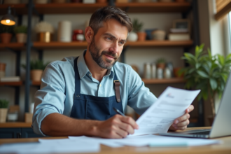 Homme d age en boutique examine documents d assurance