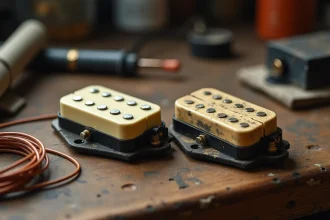 Comparaison visuelle entre un micro Samarium Cobalt Noiseless et un micro simple bobinage classique sur un établi de luthier